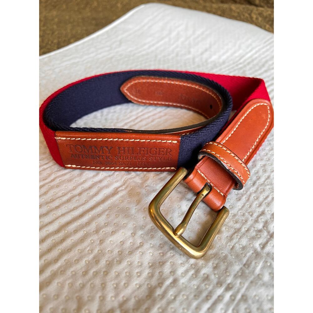 Vintage 90s Tommy Hilfiger surplus style belt cotton  brown leather brass buckle
